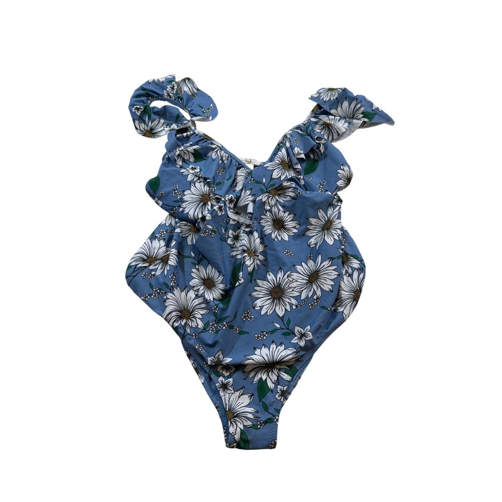 Jessica Simpson One Piece Swimsuit Blue Daisy Floral Ruffle Resortwear Beach‎ L